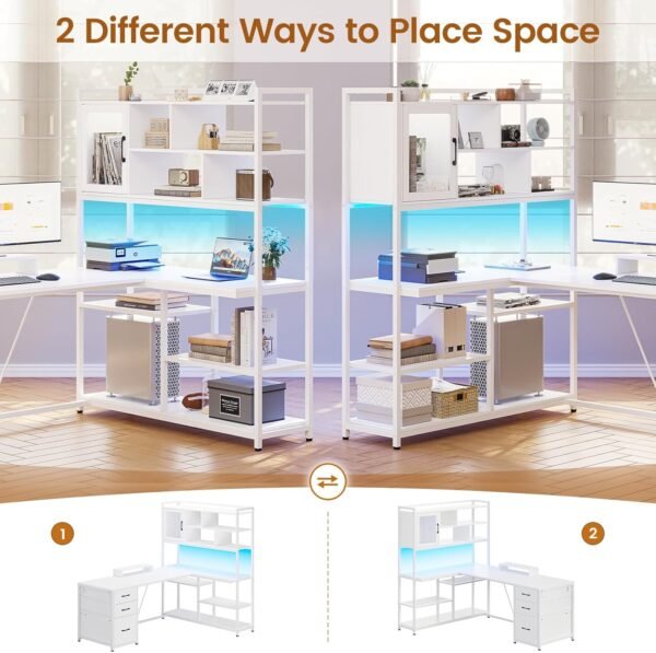 SEDETA L Shaped Computer Desk, 58'' Office Desk with 3 Drawers and Bookshelf, L Shaped Corner Desk with Storage Shelves and LED Light for Home Office, Gaming Desk, L Desk, White - Image 5