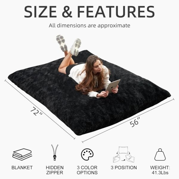 3 in 1 Bean Bag Chair, Giant Bean Bag Chair for Adult, Bean Bag Sofa with Removable Cover and Ultra Soft Blanket, Comfy Chair for Living Room, Bedroom and Dorm (Black) - Image 2