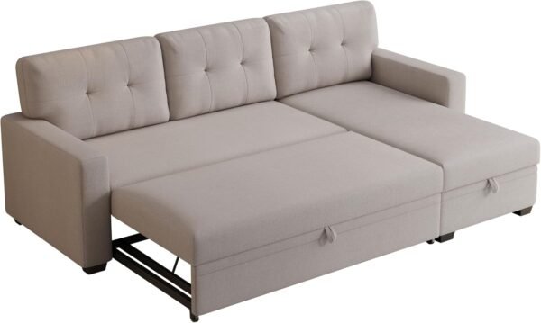 82" Sectional Small Sofa with Pull Out Bed,L-Shape Upholstered Sleeper Couch W/Storage Chaise,Tufted Backrest Design,3 Seat Linen Convertible Sofas for Living Room Apartment Office,Beige - Image 6