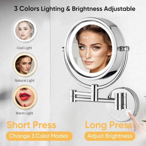 GURUN Wall Mounted Hardwired Makeup Mirror with 3 Tones Dimmable LED Lights 10x Magnifying Mirror with Touch Control for Bathroom Bedroom 13" Extendable Arm Direct Wire M1809D-T(10x,Chrome) - Image 2