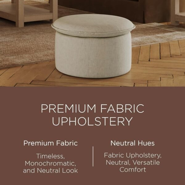 Maven Lane Lyra Contemporary Large Round Upholstered Ottoman, Cushioned Footrest for Living Room Couch, Chair, or Dorm Room in Dove Fabric Upholstery - Image 3