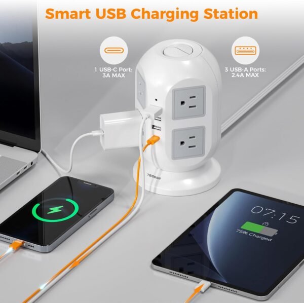 Tower Surge Protector Power Strip 10 ft, TESSAN Long Flat Extension Cord with Multiple Outlets, 8 AC Outlets with 4 USB Ports (1 USB C), Charging Station with Surge Protection, for Home Office Dorm - Image 3
