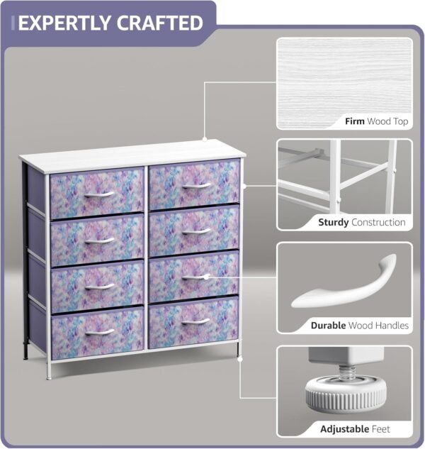Sorbus Dresser with 8 Drawers - Furniture Storage Chest Tower Unit for Bedroom, Hallway, Closet, Office Organization Steel Frame, Wood Top, Easy Pull Fabric Bins (8-Drawer, Tie-dye Blue/Pink/Purple) - Image 4