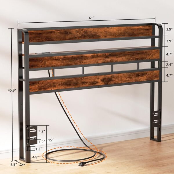 Furnulem Queen Size Headboard Storage 2 Tier Headboard with USB Ports for Dorm LED Light College Headboard Shelf Height Adjustable Modern Style Headboard with Charging Station Rustic Brown - Image 3