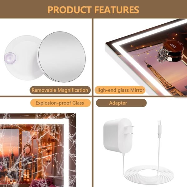 Hasipu Vanity Mirror with Lights, 23" x 18" LED Makeup Mirror, Lighted Makeup Mirror with Dimmable 3 Modes, Touch Screen Control Vanity Mirror Square White - Image 8