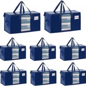 VENO 8 Pack Moving Bags, Comforter and Blanket Storage Bags for Closet, Moving Boxes, Boxes with Lids Alternative, College Dorm Packing Supplies, Foldable Heavy-Duty Tote with Window (Blue, 8 Pack)