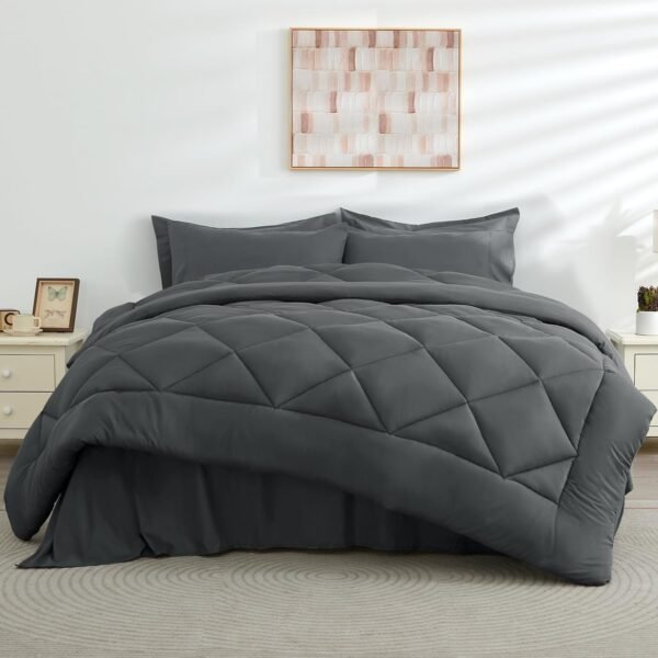 HEVUMYI 7 Pieces Queen Comforter Set, All Season Reversible Bed in a Bag Queen, Ultra Soft Queen Bedding Set with Grey Comforter, Flat Sheet, Fitted Sheet, Pillowcases, Pillow Shams, Dark Grey - Image 7