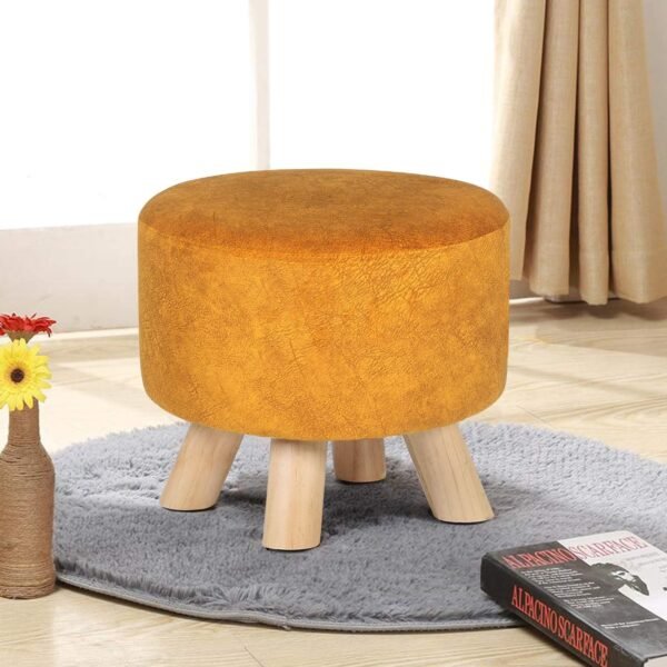 Round Ottoman Fabric Foot Rest Stool Non-Skid Wooden Legs (Orange) - Image 2