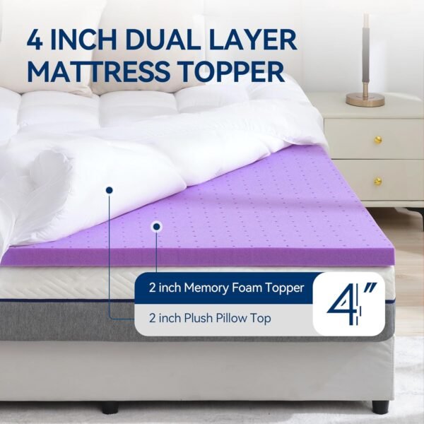 BDEUS Dual Layer 4 Inch Memory Foam Mattress Topper Twin XL Size for Dorm Room, 2 Inch Gel Memory Foam Plus 2 Inch Down Alternative Quilted Pillow Top Mattress Pad Cover,College Dorm Essentials,White - Image 2