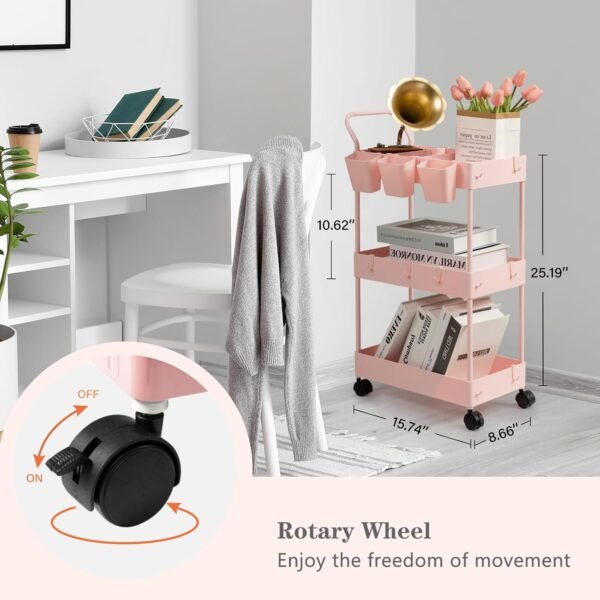 danpinera Slim Storage Cart, 3 Tier Narrow Rolling Cart on Wheels Bathroom Organizer Cart with Dividers Handle Hanging Cups Hooks for Laundry Room Kitchen Small Spaces, Pink - Image 5