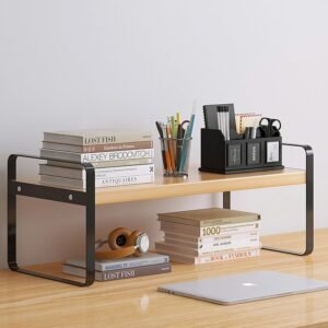 YGYQZ Wood Office Desk Shelf Organizer – Desktop Supplies Cute Dresser Top Organization Storage Rack and Cubicle Decor Aesthetic Bookshelf for Women Man and Kids (Black Wood-Single Tier)