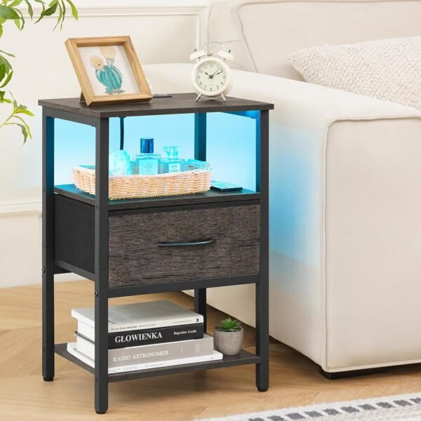 Yoobure Grey Night Stand with Charging Station, LED Nightstand for Bedroom, Bedside Tables with Adjustable Fabric Drawer, 3-Tier End Table Living Room, Small Side Table with Storage - Image 2