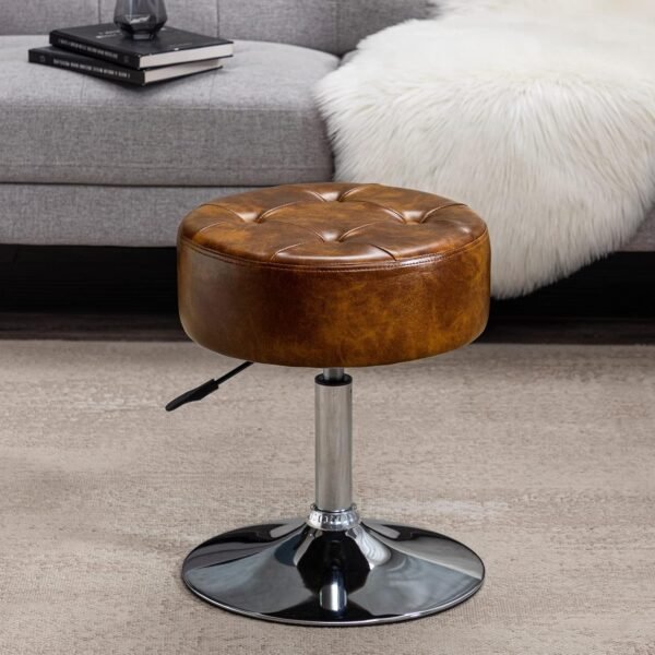 DUHOME Faux Leather Vanity Chair, Swivel Makeup Stool Living Room Chair Upholstered Round Ottoman Stool Chair for Bedroom Entryway, Yellowish Brown - Image 2