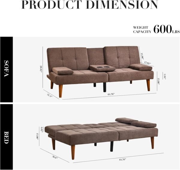 COLAMY Futon Sofa Bed-Fabric Small Futon Couch, Futon Lounge Sofa, Futon Convertible with 2 Cup Holders, Removable Soft Armrest, Adjustable Backrest for Dorm/Bedroom/College Brown - Image 3