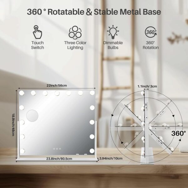 Hollywood Vanity Mirror with 15 LED Bulbs, Makeup Mirror with 10X Detachable Magnification - 360° Rotation Vanity Mirror with Dimmable and 3 Color Temperature Adjustable Lights, White, 22 x 19" - Image 6