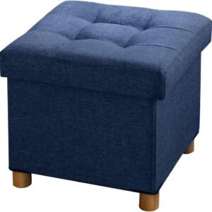 BRIAN & DANY Foldable Storage Ottoman Footrest and Seat Cube with Wooden Feet and Lid, Blue 15” x15” x14.7”
