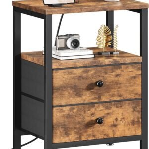 Night Stand with Charging Station and USB Ports, Small Nightstand with Drawers and Shelf Storage End Table for Bedroom, Dorm, Modern Bedside Table Brown…