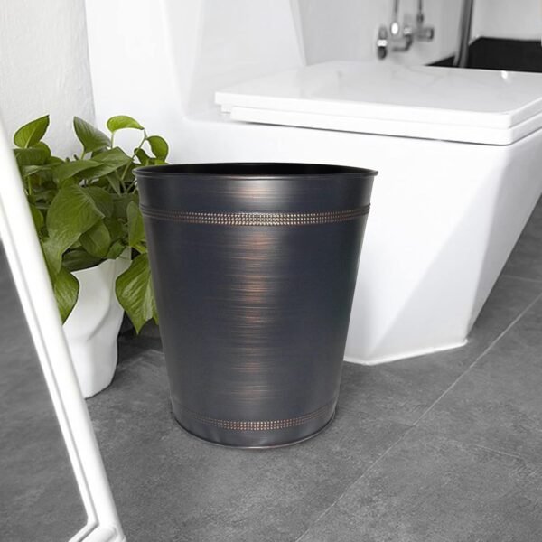 Small Round Metal Wastebasket- Beaded Recycle Trash Can 2.5 Gallon, Open top Garbage Container Bin for Bathrooms, Kitchen, Bedroom, Home Office - Durable Steel - Oil Rubbed Bronze Finish - Image 3