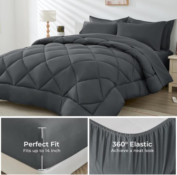HEVUMYI 7 Pieces Queen Comforter Set, All Season Reversible Bed in a Bag Queen, Ultra Soft Queen Bedding Set with Grey Comforter, Flat Sheet, Fitted Sheet, Pillowcases, Pillow Shams, Dark Grey - Image 4