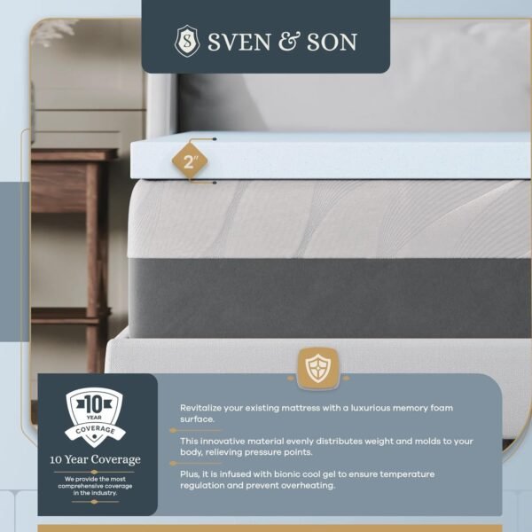 Sven & Son Memory Foam Mattress Topper, Luxury Cool Gel Infused, 2 inch Medium Soft - TwinXL - Image 4