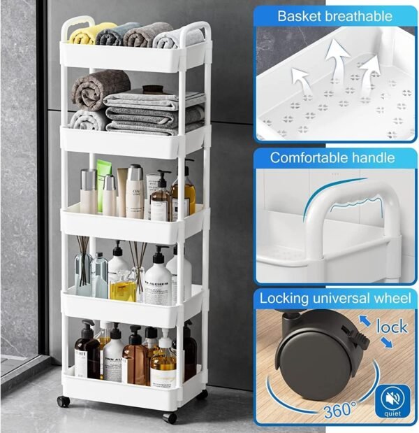 5-Tier Rolling Cart, Utility Cart with Lockable Wheels, Storage Cart Craft Cart Book Cart Diaper Cart Organizer for Bathroom Kitchen, White - Image 4