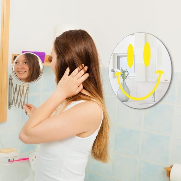 Preppy Mirror for Teen Girls Smile Face Mirror 12" Aesthetic Mirror Self Adhesive Acrylic Mirror Tiles Round Mirror for Bedroom Living Room Bathroom (Yellow) - Image 4