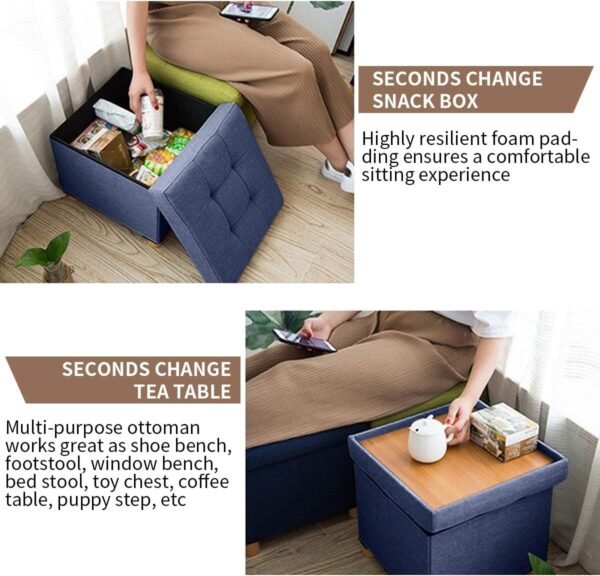 BRIAN & DANY Foldable Storage Ottoman Footrest and Seat Cube with Wooden Feet and Lid, Blue 15” x15” x14.7” - Image 4