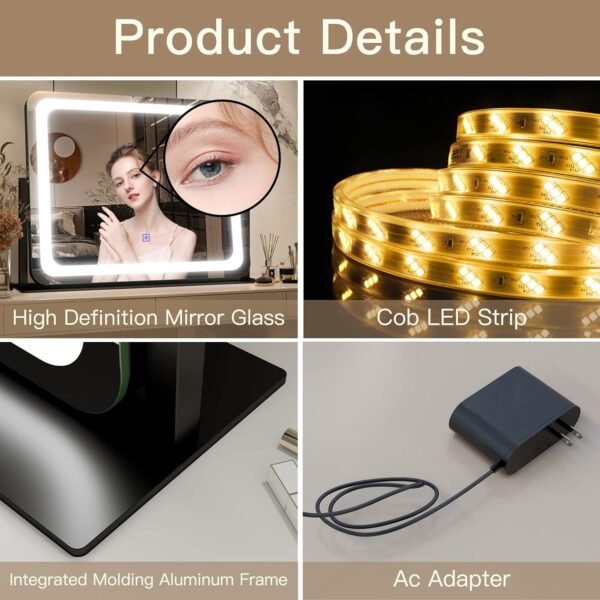 FENNIO Vanity Mirror with Lights 22"x19"LED Lighted Makeup Mirror,Large Makeup Mirror with Lights,Touch Screen with 3-Color Lighting,Led Mirror Makeup,Dimmable,for Vanity Desk Tabletop - Image 7