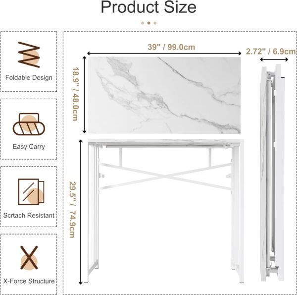EMODA Folding Computer Desk 40 inch, No Assembly Needed Home Office Table Study Writing Gaming Desk, White Marble - Image 3