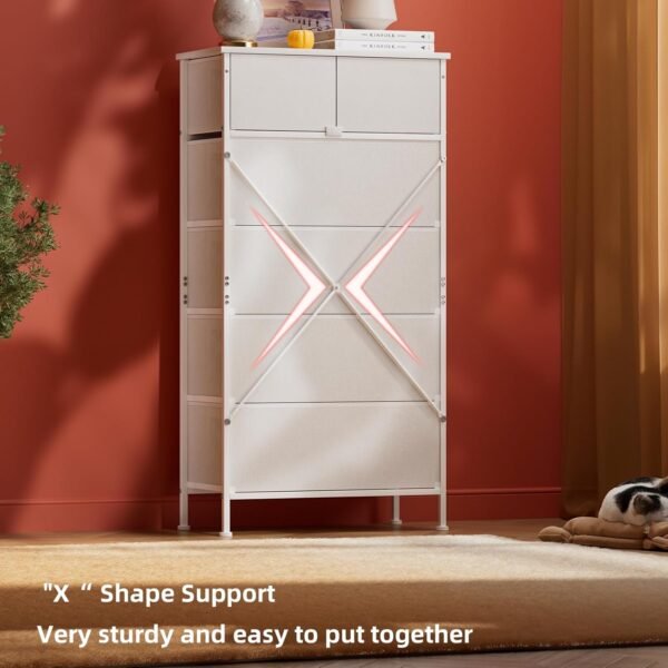 Tall Dresser with 6 Drawers, White Dresser for Bedroom, Tall Storage Tower for Closet, Nursery, Dorm, Dresser Organizer with Sturdy Steel Frame, Fabric Bins, Leather Finish, Wood Top, White - Image 6