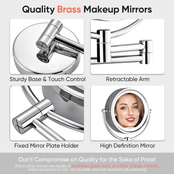 GURUN Wall Mounted Hardwired Makeup Mirror with 3 Tones Dimmable LED Lights 10x Magnifying Mirror with Touch Control for Bathroom Bedroom 13" Extendable Arm Direct Wire M1809D-T(10x,Chrome) - Image 4