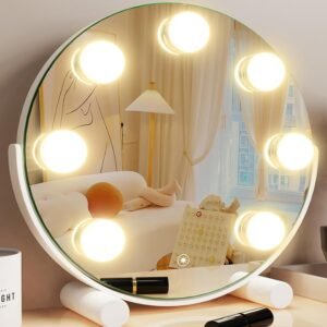 Vanity Mirror with Lights, 13″ Hollywood Mirror Tabletop Makeup Mirror with 7 Dimmable LED Bulbs, Large Lighted Mirror for Bedroom Smart Touch Control 3 Colors Light 360°Rotation,