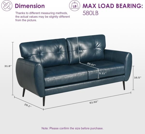 Sofa Couch 61" Small Loveseat Couches for Living Room Blue Leather Couch Mid Century Modern Tufted Mini Sofa Comfy Office 2 Seat Settee Love Seat Small Couches for Small Spaces Bedroom (1, Teal Blue) - Image 2