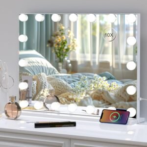 Hollywood Vanity Mirror with Lights, Tabletop Makeup Mirror with 20 Dimmable LED Bulbs, 3 Color Lighting Modes, Vanity Mirror for Bedroom, Touch Control, Tabletop or Wall-Mounted, White