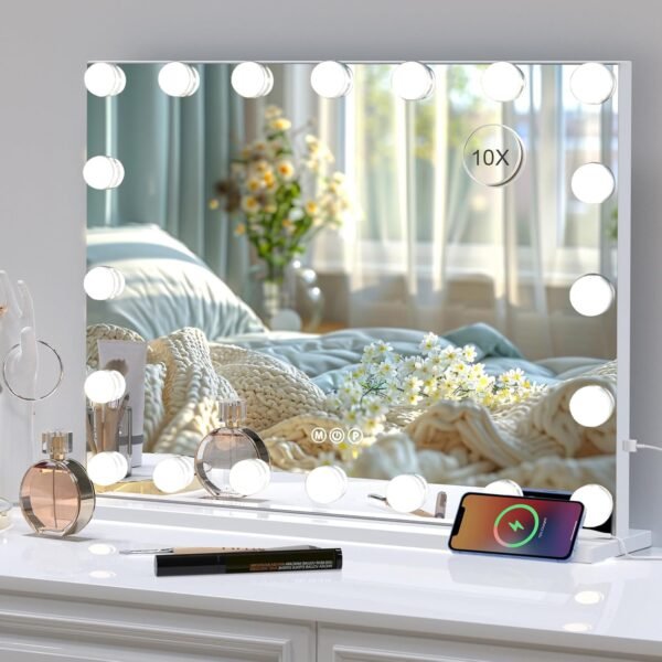 Hollywood Vanity Mirror with Lights, Tabletop Makeup Mirror with 20 Dimmable LED Bulbs, 3 Color Lighting Modes, Vanity Mirror for Bedroom, Touch Control, Tabletop or Wall-Mounted, White