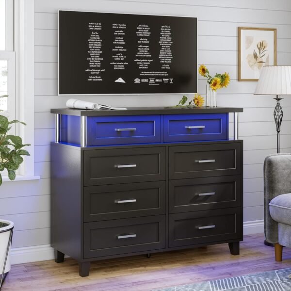 AOGLLATI Dresser for Bedroom with Column Design, Black Dresser with Cladding Process Design, 8 Drawer Short Modern Wide Bedroom LED Dresser for Bedroom - Image 9