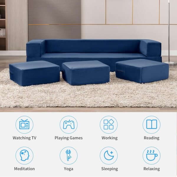 PUREMIND Velvet Folding Sofa Bed, Upholstered Floor Sofa Bed with 3 Ottomans, Fold Out Couch Bed with High-Density Foam, Convertible 2-in-1 Foldable Sleeper Sofa Bed for Guest Bedroom Living Room - Image 6