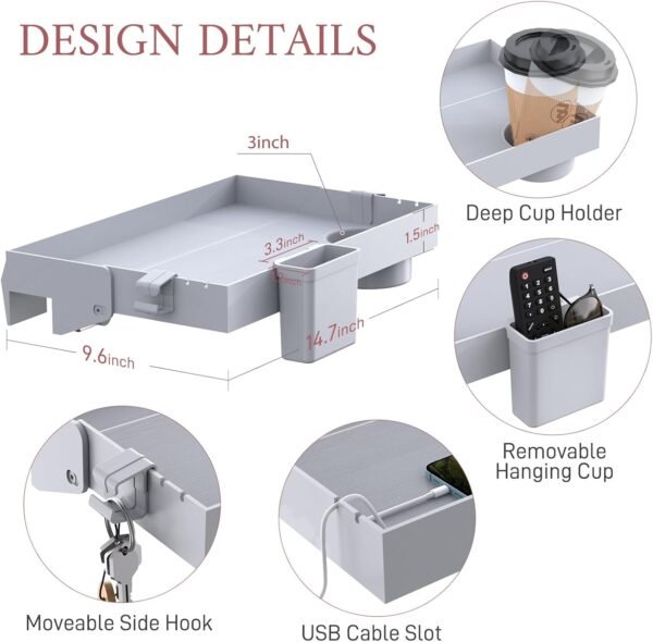 SOLEJAZZ Bedside Shelf for Bed, Foldable Bunk Bed Shelf Clip On Nightstand Tray College Dorm Room Essential Table Caddy with Cup Holder for Top Bunk Organizer Bedroom, Normal Size, Grey - Image 3