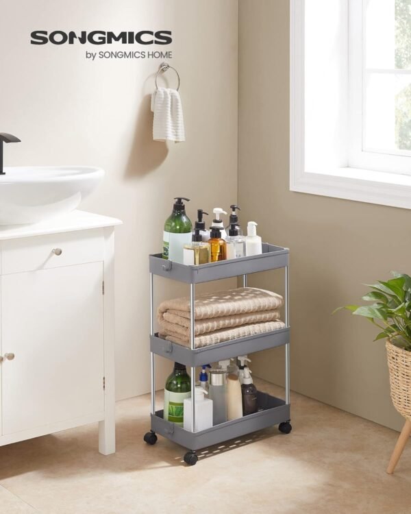 SONGMICS Slim Storage Cart, 3-Tier Rolling Cart, Narrow Utility Cart on Wheels, 6 Hooks, 360° Swivel Wheels, Lockable, Steel Frame, Bathroom, Kitchen, Office, Dove Gray UKSC009G01 - Image 2