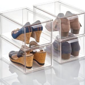 mDesign Plastic Closet Organizer Bin w/Pull Out Drawer – Stackable Storage for Closet – Organization for Shoes, Clothes, Bags, Totes, Small Linens, and More – Lumiere Collection – 4 Pack – Clear