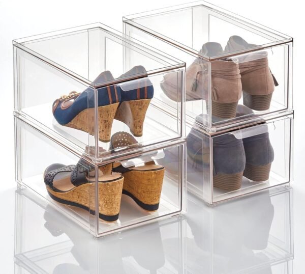 mDesign Plastic Closet Organizer Bin w/Pull Out Drawer - Stackable Storage for Closet - Organization for Shoes, Clothes, Bags, Totes, Small Linens, and More - Lumiere Collection - 4 Pack - Clear