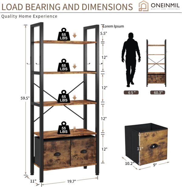 oneinmil 5-Tier Bookshelf with 2 Storage Drawers, Industrial Display Standing Shelf, Rustic Wood Storage Shelf with Metal Frame, Open Bookcases for Living Room, Bedroom, Home Office (Brown) - Image 3