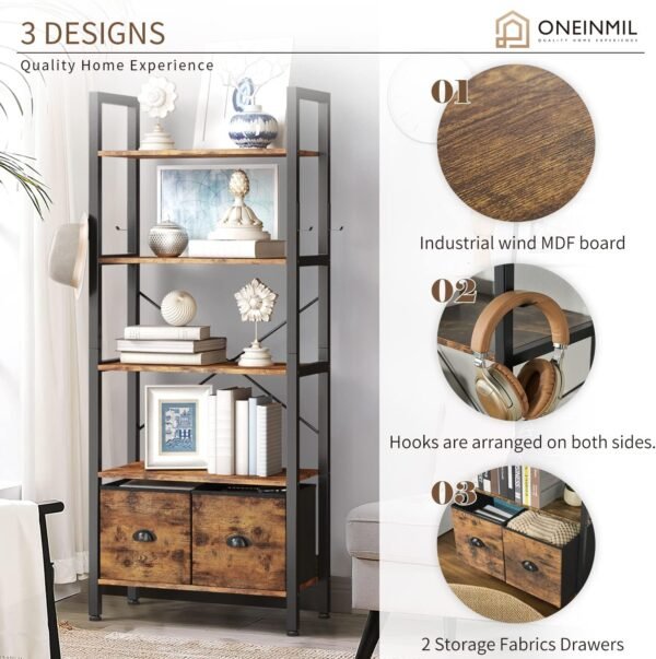 oneinmil 5-Tier Bookshelf with 2 Storage Drawers, Industrial Display Standing Shelf, Rustic Wood Storage Shelf with Metal Frame, Open Bookcases for Living Room, Bedroom, Home Office (Brown) - Image 5