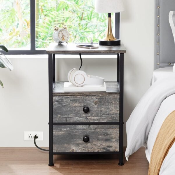 AMHANCIBLE Night Stand Set 2, Nightstand with Charging Station, End Tables Living Room with USB Ports and Outlets, Bedside Tables with Fabric Drawers for Bedroom, Ink Grey HET05XKG - Image 2