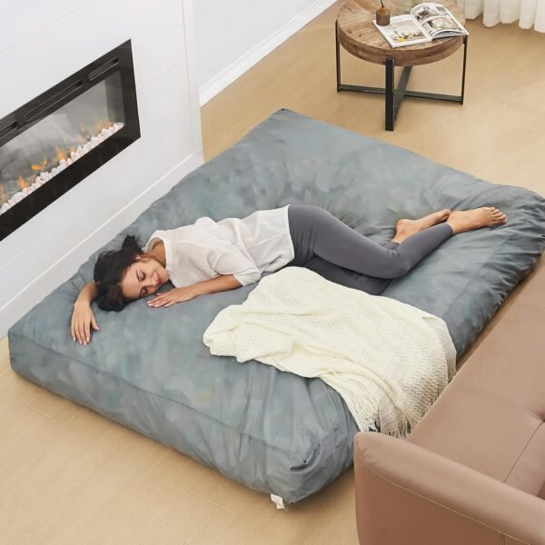 Bean Bag Chair Stuffed with Foam - Folding Beanbag Chairs Lounge Sofa Bed for Adults - Memory Foam Queen Size Mattress - Big Couch with Soft Micro Fiber Cover in Bedroom Dorm Room - 5 ft, Grey - Image 2
