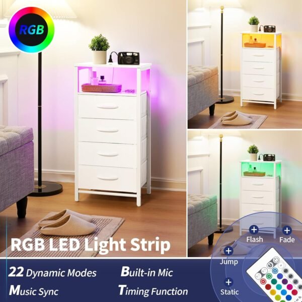 Yoobure Night Stand - LED White Nightstand with Charging Station, Bedside Table with 4 Storage Drawers and Storage Shelf, End Table with USB Ports and Outlets, Fabric Dresser for Bedroom - Image 4