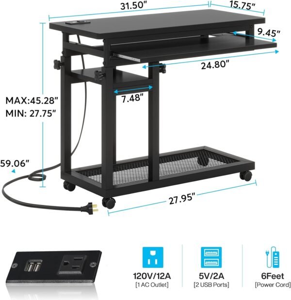 Tribesigns Small Portable Desk with Power Outlet, Height Adjustable Sofa Couch Bedside Laptop Table with Wheels, Mobile Standing Desk Rolling Computer Cart C Side Table with USB Ports - Image 2