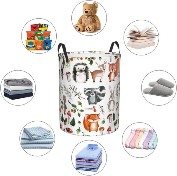 Cute Woodland Animals Laundry Hamper with Durable Handle Waterproof Collapsible Laundry Basket Circular Dirty Clothes Storage Basket for Bedroom Bathroom and Nursery - Image 6