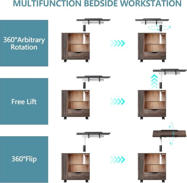 dnbss LED Nightstand with Charger Station, Swivel Top Bedside Table with Wheels, Smart Night Stand with Laptop Table Workstation for Bedroom, Modern End Side Table (Brown) - Image 5