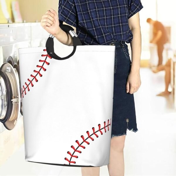 Red Stitching Baseball Laundry Hamper White Ball Storage Basket Toys Clothes Organizer Bin For Home Bathroom Bedroom Dorm Nursery, 52l - Image 7
